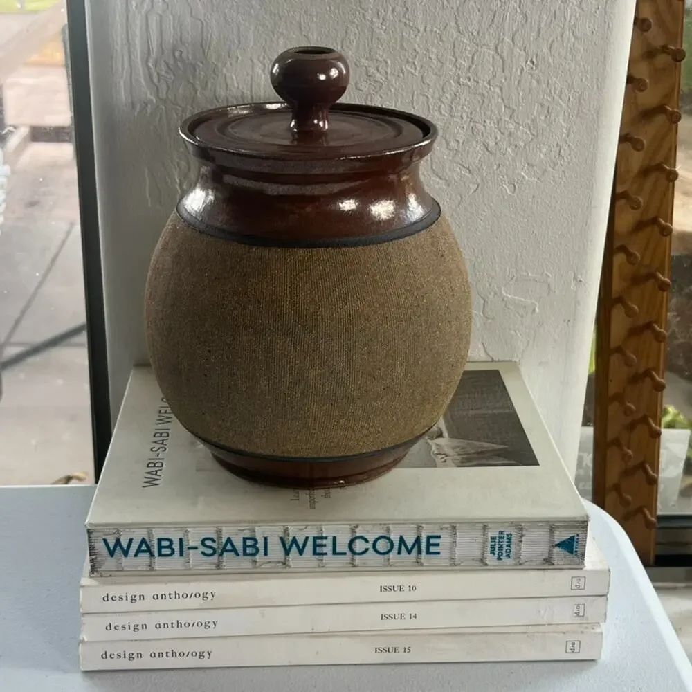 Art Studio Pottery Handmade Stoneware Lidded Storage Jar Artist Signed Brown Vtg